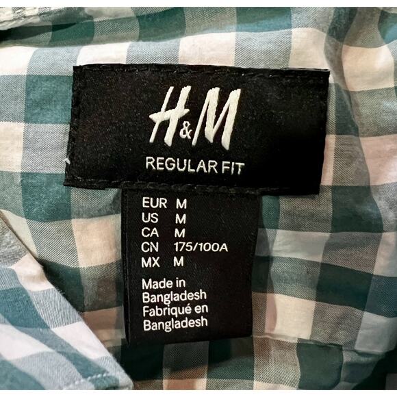 H&M Teal Green & White Gingham Check Long Sleeve Button Down Shirt Mens Medium - Picture 6 of 8